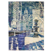 Load image into Gallery viewer, 8&#39;8&quot;x12&#39;1&quot; Indigo Blue, The Empire State Building, Sari Silk and Textured Wool Hand Knotted, Oriental Rug FWR451176