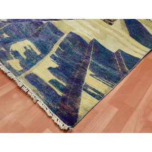 8'8"x12'1" Indigo Blue, The Empire State Building, Sari Silk and Textured Wool Hand Knotted, Oriental Rug FWR451176