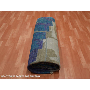 8'8"x12'1" Indigo Blue, The Empire State Building, Sari Silk and Textured Wool Hand Knotted, Oriental Rug FWR451176