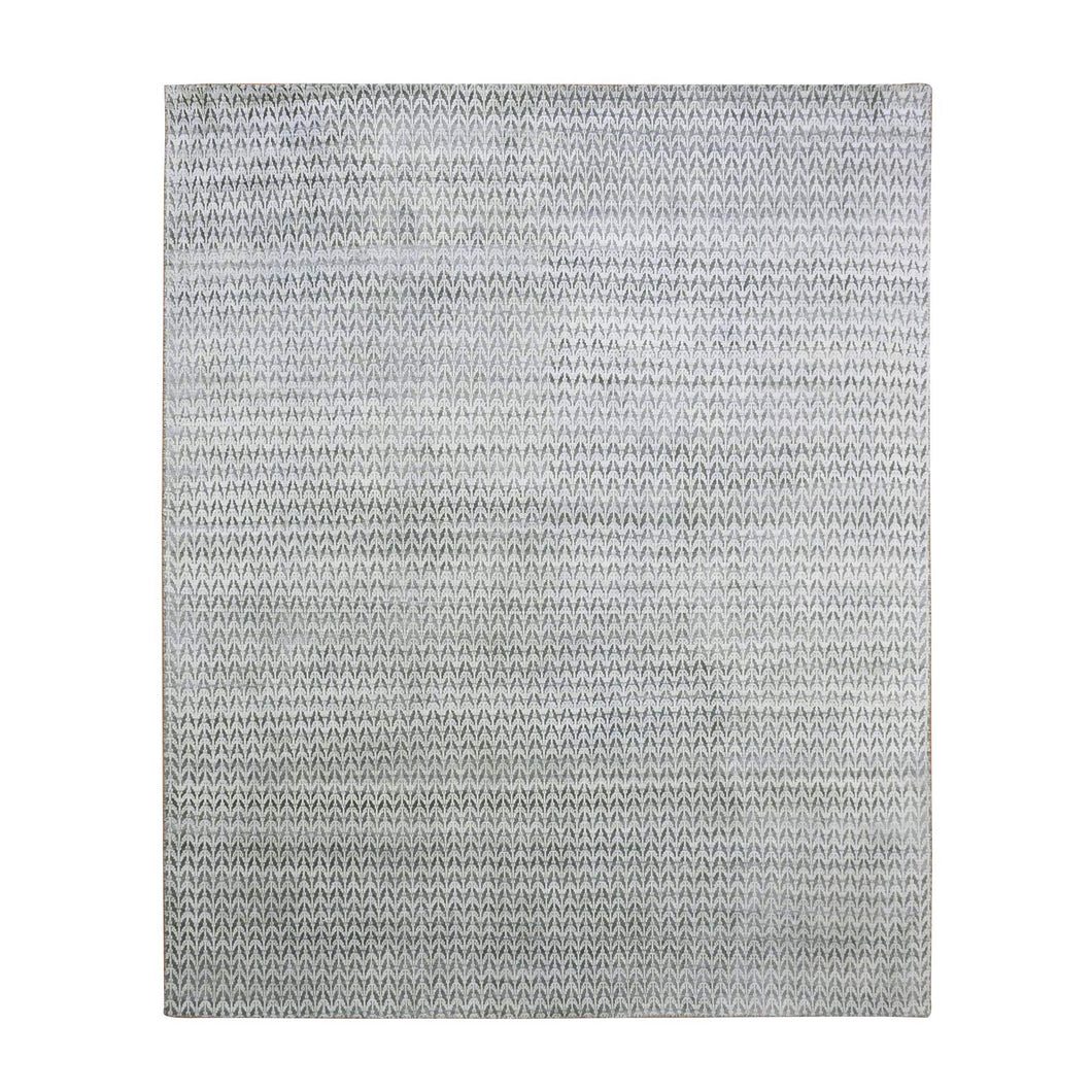 8'x10' Charcoal Black, Pure Raised Silk Hand Knotted, Repetitive Pattern with Oxidized Textured Wool, Oriental Rug FWR451332