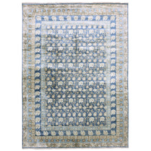 Load image into Gallery viewer, 8&#39;9&quot;x12&#39; Yale Blue, Hand Knotted 100% Pure Real Silk, Khotan Repetitive Flower and Branch Design with Multiple Borders, Oriental Rug FWR451452
