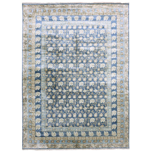 8'9"x12' Yale Blue, Hand Knotted 100% Pure Real Silk, Khotan Repetitive Flower and Branch Design with Multiple Borders, Oriental Rug FWR451452