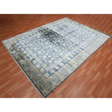 Load image into Gallery viewer, 8&#39;9&quot;x12&#39; Yale Blue, Hand Knotted 100% Pure Real Silk, Khotan Repetitive Flower and Branch Design with Multiple Borders, Oriental Rug FWR451452