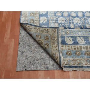 8'9"x12' Yale Blue, Hand Knotted 100% Pure Real Silk, Khotan Repetitive Flower and Branch Design with Multiple Borders, Oriental Rug FWR451452