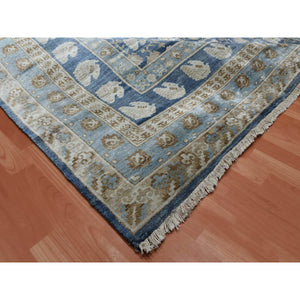 8'9"x12' Yale Blue, Hand Knotted 100% Pure Real Silk, Khotan Repetitive Flower and Branch Design with Multiple Borders, Oriental Rug FWR451452