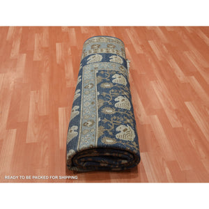 8'9"x12' Yale Blue, Hand Knotted 100% Pure Real Silk, Khotan Repetitive Flower and Branch Design with Multiple Borders, Oriental Rug FWR451452