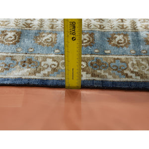 8'9"x12' Yale Blue, Hand Knotted 100% Pure Real Silk, Khotan Repetitive Flower and Branch Design with Multiple Borders, Oriental Rug FWR451452