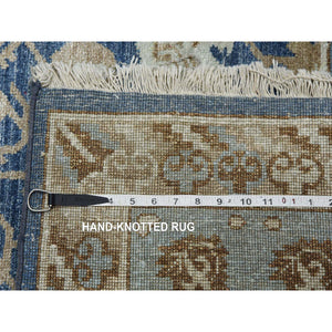 8'9"x12' Yale Blue, Hand Knotted 100% Pure Real Silk, Khotan Repetitive Flower and Branch Design with Multiple Borders, Oriental Rug FWR451452
