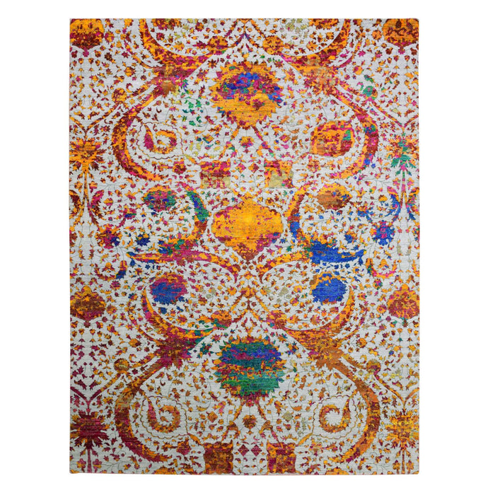 9'x12' Light Gray, Erased Persian Design with Colorful Pattern, Sari Silk with Textured Wool Hand Knotted, Oriental Rug FWR451458