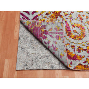 9'x12' Light Gray, Erased Persian Design with Colorful Pattern, Sari Silk with Textured Wool Hand Knotted, Oriental Rug FWR451458