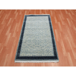 3'1"x5'2" Shades of Blue, Leaf All Over Pattern with A Distinct Contrasting Border Colors, Hand Knotted, Natural Wool Tone on Tone, Oriental Rug FWR451554