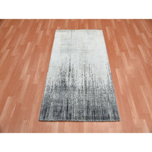 3'x5'3" Charcoal Gray, Modern Vertical Ombre Design, Pure Silk with Textured Wool Hand Knotted, Oriental Rug FWR451566