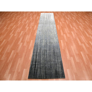 2'6"x12'6" Gray and Black, Modern Ombre Design Densely Woven, Hand Knotted, Extra Soft Wool Runner Oriental Rug FWR451578