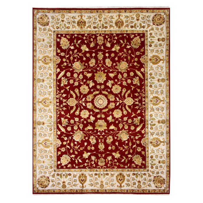 9'x12' Burgundy Red, Rajasthan All Over Leaf Design Thick and Plush, Wool and Silk Hand Knotted, Oriental Rug FWR451590