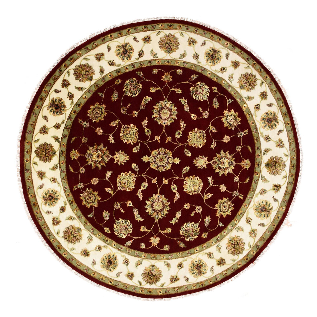 8'x8' Burgundy Red, Wool and Silk Hand Knotted, Rajasthan All Over Leaf Design Thick and Plush, Round Oriental Rug FWR451638