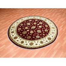 Load image into Gallery viewer, 8&#39;x8&#39; Burgundy Red, Wool and Silk Hand Knotted, Rajasthan All Over Leaf Design Thick and Plush, Round Oriental Rug FWR451638