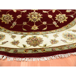 8'x8' Burgundy Red, Wool and Silk Hand Knotted, Rajasthan All Over Leaf Design Thick and Plush, Round Oriental Rug FWR451638