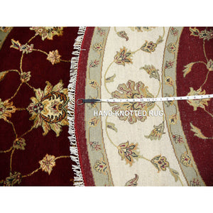 8'x8' Burgundy Red, Wool and Silk Hand Knotted, Rajasthan All Over Leaf Design Thick and Plush, Round Oriental Rug FWR451638