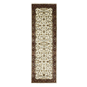 2'7"x8' Ivory, Wool and Silk Hand Knotted, Rajasthan with All Over Leaf Design Thick and Plush, Runner Oriental Rug FWR451656