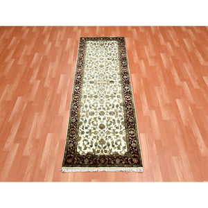 2'7"x8' Ivory, Wool and Silk Hand Knotted, Rajasthan with All Over Leaf Design Thick and Plush, Runner Oriental Rug FWR451656