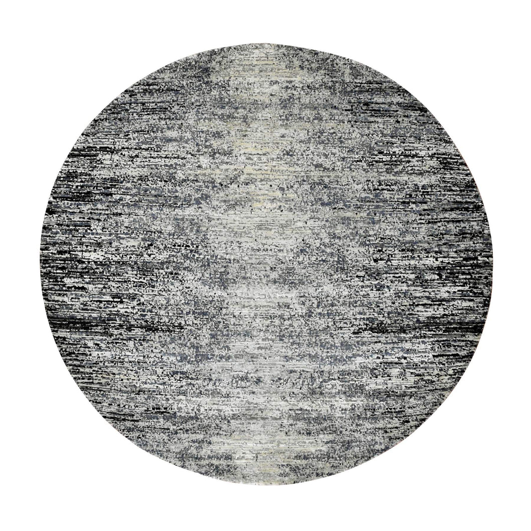 6'x6' Black with Touches of Gray, Striae Design, Wool and Pure Silk Hand Knotted, Round Oriental Rug FWR451728