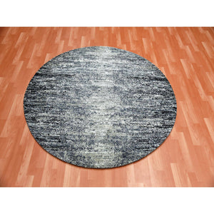 6'x6' Black with Touches of Gray, Striae Design, Wool and Pure Silk Hand Knotted, Round Oriental Rug FWR451728