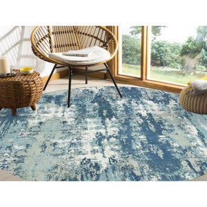 9'x9' Oceanic Blue, Hand Knotted Abstract Design, Hi-Low Pile Pure Silk and Wool, Round Oriental Rug FWR451758