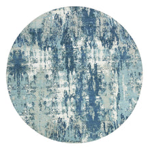 Load image into Gallery viewer, 7&#39;1&quot;x7&#39;1&quot; Oceanic Blue, Pure Silk and Wool Hand Knotted, Abstract Design Hi-Low Pile, Round Oriental Rug FWR451764