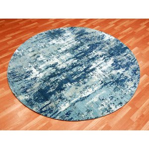 7'1"x7'1" Oceanic Blue, Pure Silk and Wool Hand Knotted, Abstract Design Hi-Low Pile, Round Oriental Rug FWR451764