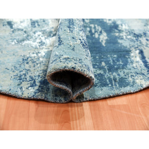 7'1"x7'1" Oceanic Blue, Pure Silk and Wool Hand Knotted, Abstract Design Hi-Low Pile, Round Oriental Rug FWR451764