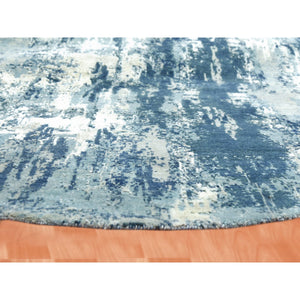 7'1"x7'1" Oceanic Blue, Pure Silk and Wool Hand Knotted, Abstract Design Hi-Low Pile, Round Oriental Rug FWR451764