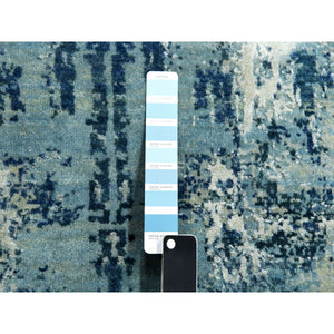 7'1"x7'1" Oceanic Blue, Pure Silk and Wool Hand Knotted, Abstract Design Hi-Low Pile, Round Oriental Rug FWR451764