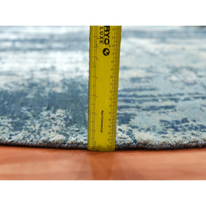 7'1"x7'1" Oceanic Blue, Pure Silk and Wool Hand Knotted, Abstract Design Hi-Low Pile, Round Oriental Rug FWR451764