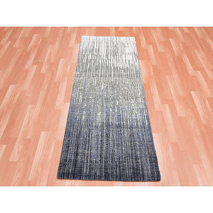 2'6"x6'3" Gainsboro Gray with Black Denim, Modern Ombre Design, Densely Woven, Hand Knotted, Extra Soft Wool, Runner Oriental Rug FWR451848