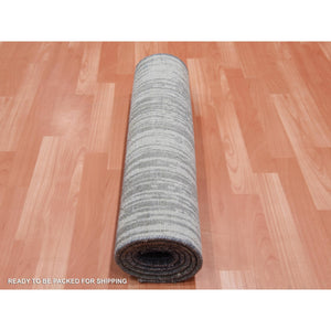 2'6"x6'3" Gainsboro Gray with Black Denim, Modern Ombre Design, Densely Woven, Hand Knotted, Extra Soft Wool, Runner Oriental Rug FWR451848