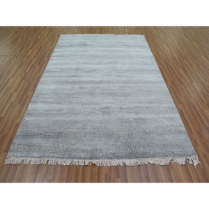 6'x9'2" Gray, Modern Grass Design Gabbeh, Densely Woven Wool and Silk Hand Knotted, Oriental Rug FWR474744