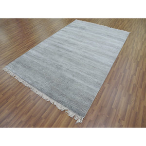 6'x9'2" Gray, Modern Grass Design Gabbeh, Densely Woven Wool and Silk Hand Knotted, Oriental Rug FWR474744