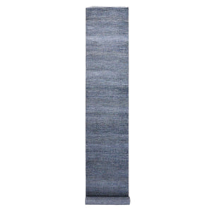 2'6"x14' Charcoal Gray, Wool and Silk Hand Knotted, Modern Grass Design Gabbeh Densely Woven, Runner Oriental Rug FWR474810