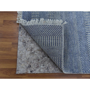 2'6"x9'10" Blue, Hand Knotted Modern Grass Design Gabbeh, Densely Woven Wool and Silk, Runner Oriental Rug FWR474858