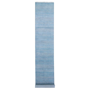 2'7"x16'2" Blue, Modern Grass Design Gabbeh Densely Woven, Wool and Silk Hand Knotted XL Runner Oriental Rug FWR474900
