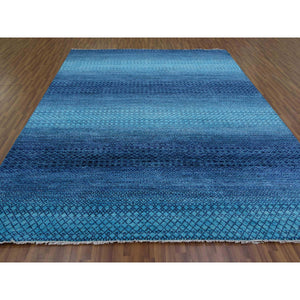 9'1"x11'8" Blue, Hand Knotted Modern Chiaroscuro Collection, Thick and Plush Pure Wool, Oriental Rug FWR475362