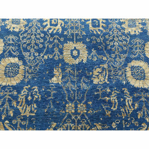 6'x9'2" Denim Blue, Broken Erased Persian Tabriz Design, Wool and Silk Hand Knotted, Oriental Rug FWR475614