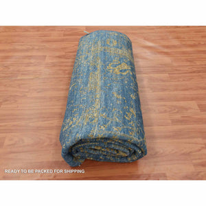 6'x9'2" Denim Blue, Broken Erased Persian Tabriz Design, Wool and Silk Hand Knotted, Oriental Rug FWR475614