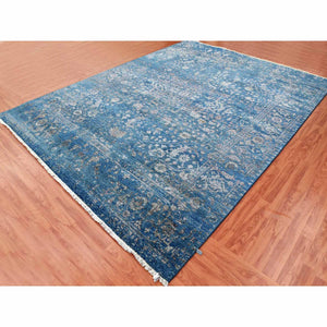 8'10"x11'7" Aegean Blue, Broken Erased Persian Heriz Design, Wool and Silk Hand Knotted, Oriental Rug FWR475656