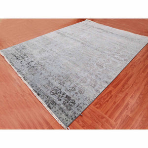 8'10"x11'9" Silver Gray, Wool and Silk Hand Knotted, Broken Erased Persian Tabriz Design, Oriental Rug FWR475668