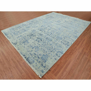 10'x13'8" Silver with Blue, Broken Persian Erased Vase Design, Wool and Silk Hand Knotted, Oriental Rug FWR475746