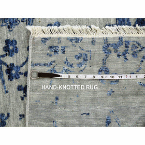 10'x13'8" Silver with Blue, Broken Persian Erased Vase Design, Wool and Silk Hand Knotted, Oriental Rug FWR475746