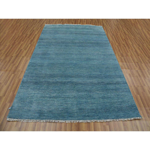 6'x9'1" Light Turquoise, Densely Woven Tone on Tone, Soft Pile Wool and Silk, Hand Knotted Grass Design Oriental Rug FWR475968