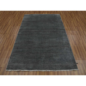 5'1"x7'1" Gray, Hand Knotted Grass Design, Densely Woven Tone on Tone, Soft Pile Wool and Silk, Oriental Rug FWR476004