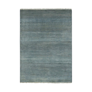 4'1"x6'2" Little Boy Blue, Grass Design Densely Woven, Tone on Tone Soft Pile, Wool and Silk Hand Knotted, Oriental Rug FWR476040